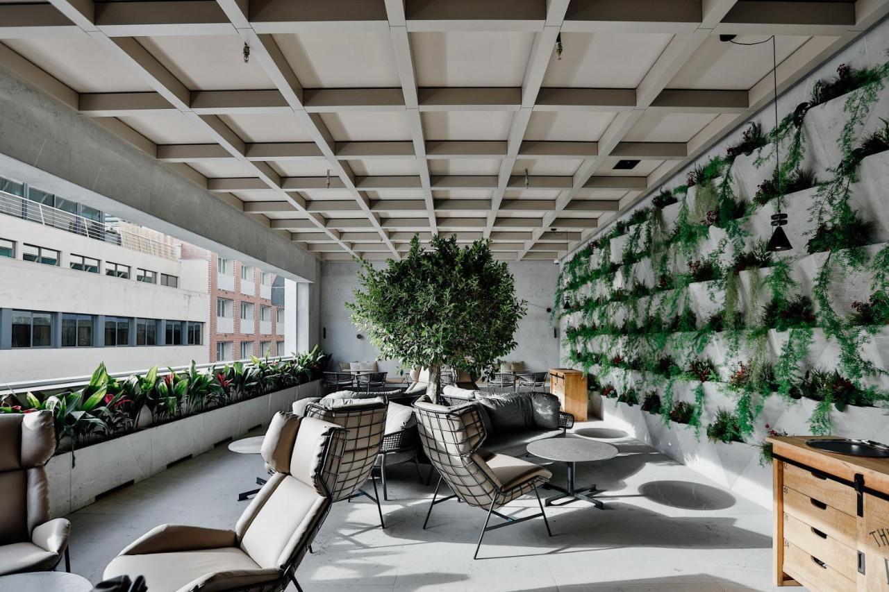 ליסבון Epic Sana Marques Hotel מראה חיצוני תמונה The photo depicts a modern interior space, likely a lounge or relaxation area. It features a ceiling with a grid pattern and ample natural light filtering in through large windows. 

On one side, there is a green wall adorned with various plants, bri